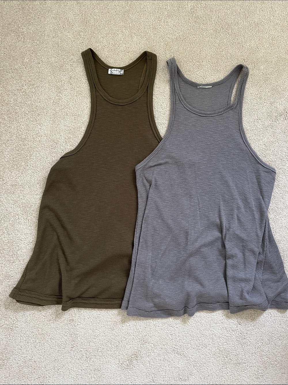 Free People Olive Green & Gray Ribbed Tank Tops